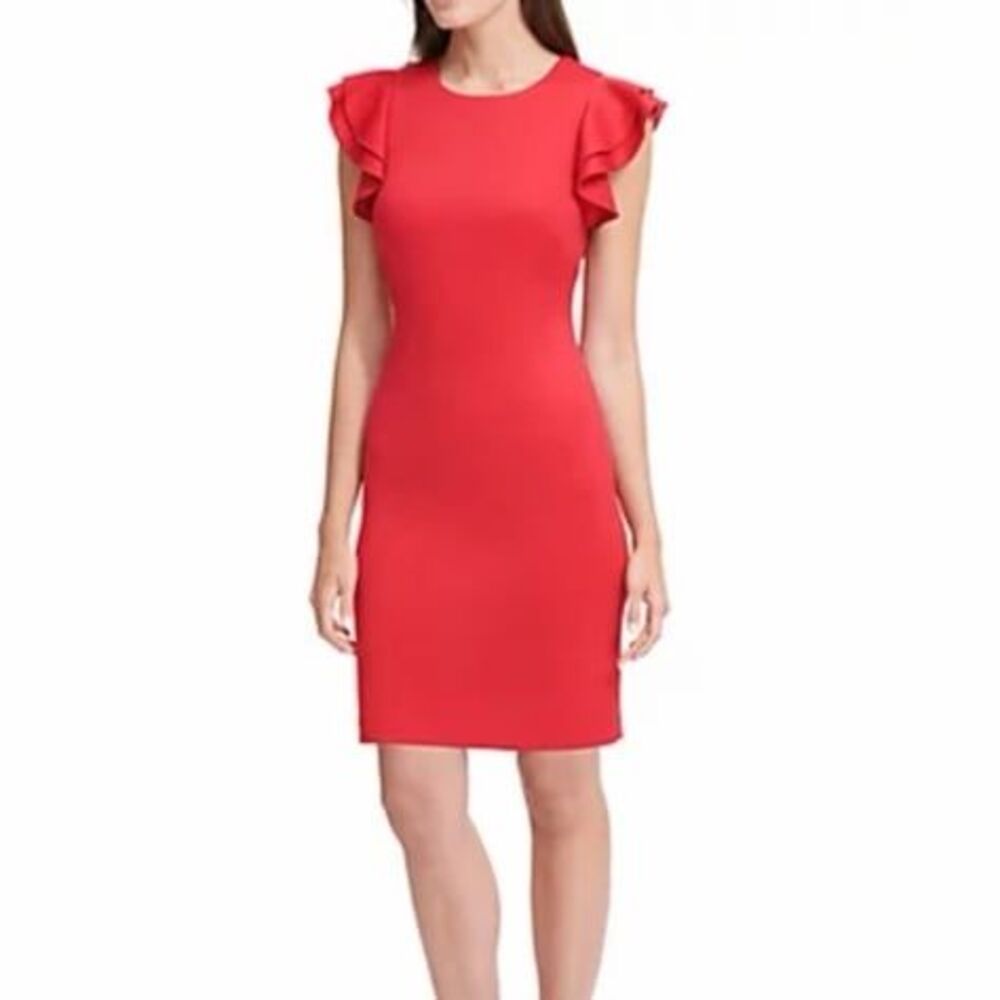 Tommy Hilfiger Scuba Flutter Sleeve Sheath Dress Scarlet